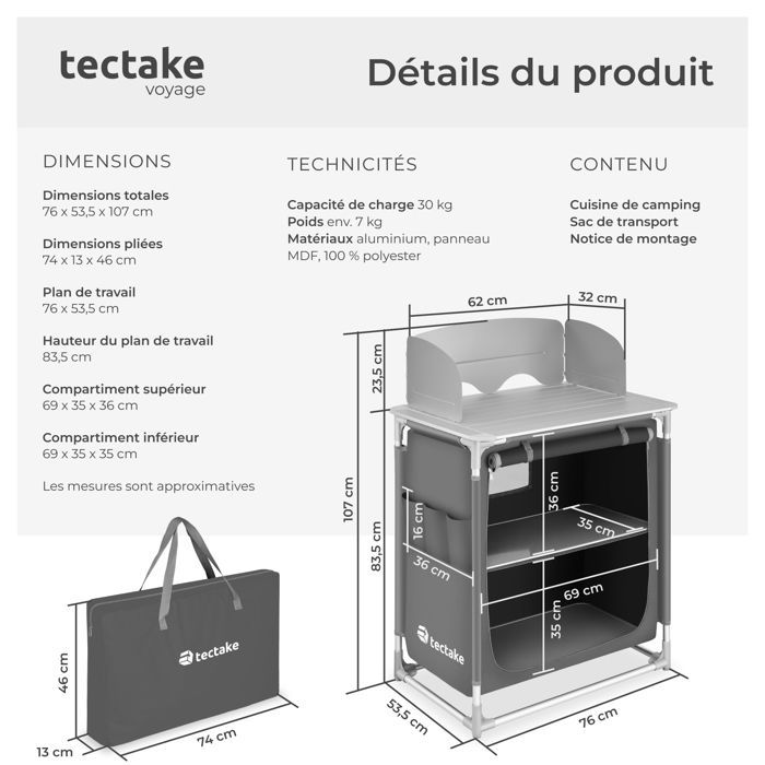 Muebles de camping - TECTAKE - Cocina de camping plegable con bolsa de transporte 76 x 53,5 x 107 cm - Gris