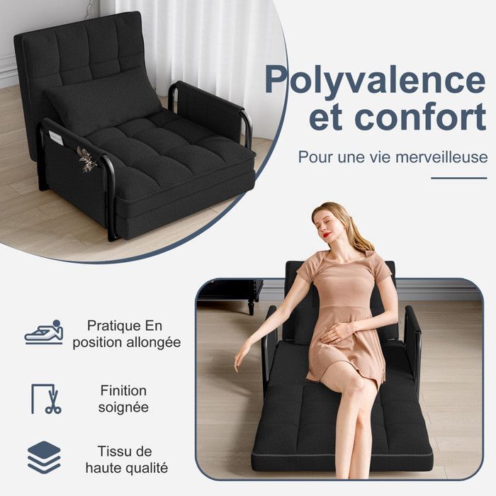 Fauteuil relaxation - Canapé lit convertible - 1 place - Noir - Dossier réglable