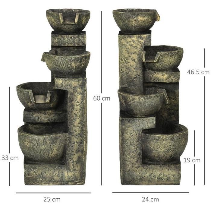 Fontaine de jardin avec 4 débits réglables, élément décoratif et cascade pour jardin et bassin, en résine.