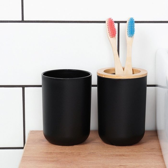VILDE Accessoires Salle de bain 6 pièces - Plastique noir mat - Bois de bambou - Design moderne - Facile à nettoyer