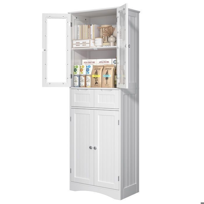 Buffet de Cuisine - Bealife - Meuble Rangement - 2 Tiroirs - Étagères Réglables - 4 Portes en Verre - Armoire Haute 170 cm - Blanc