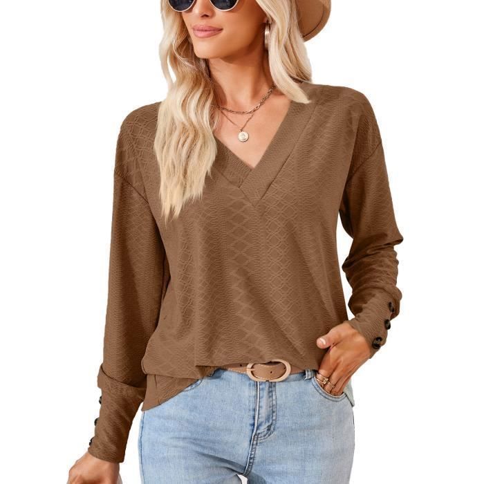Damen-Pullover mit V-Ausschnitt, einfarbig, locker geschnitten, langärmelig, mit Knopfleiste, für Frühling und Herbst – EU-Größe – Kaffeebraun