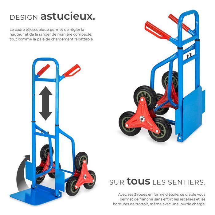 TECTAKE - Carretilla elevadora para escaleras - Plataforma plegable, ruedas de 6 radios, capacidad de 200 kg, acero - azul