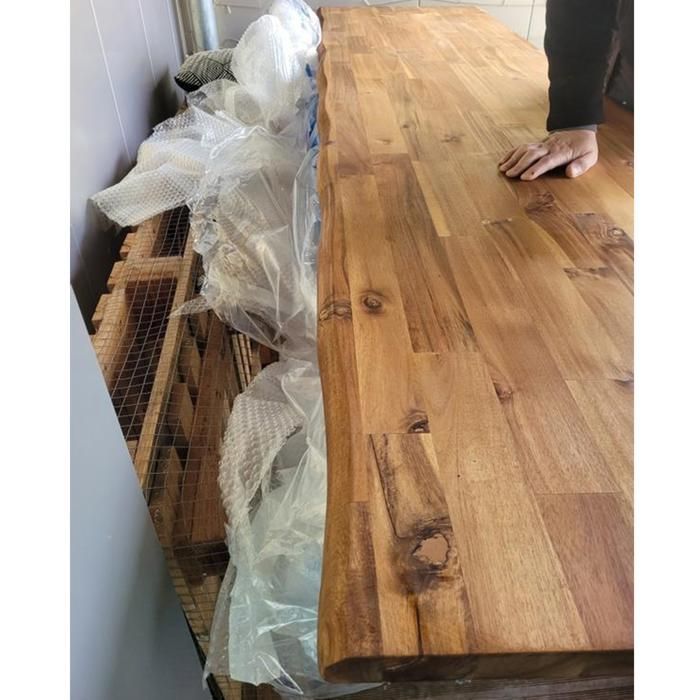 Encimera de madera maciza de acacia con borde aceitado natural, 250 x 65 cm, 36 mm de grosor.
