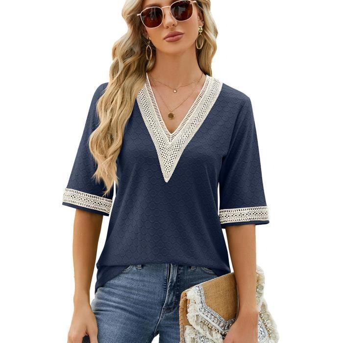 T-Shirt Femme Ete Manches Courtes Col V Avec Dentelle Casual Tee Shirt Lache Confortable Couleur Contraste - Taille EU - Bleu