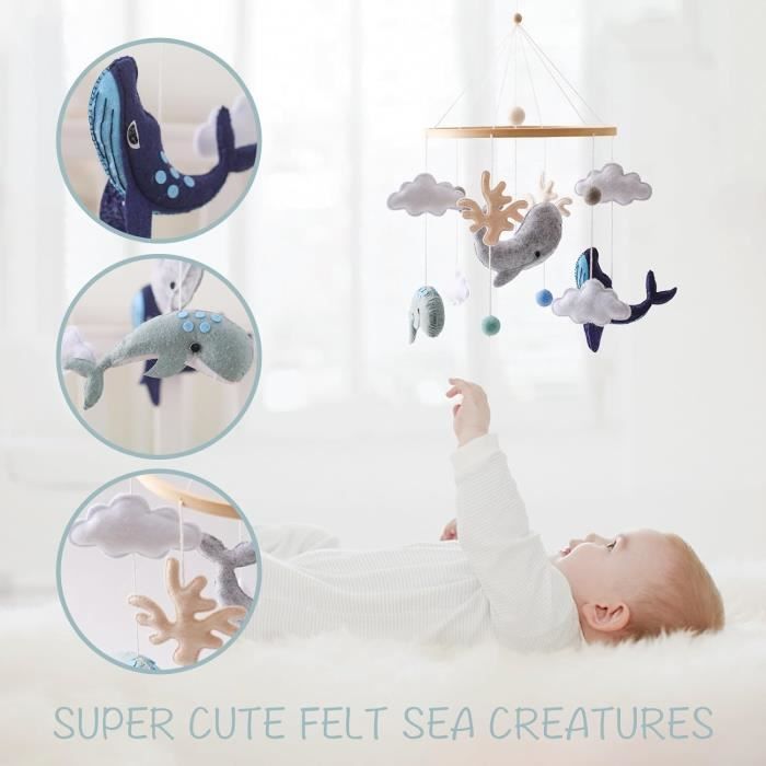 Móvil para bebé con animales marinos, bola de fieltro, habitación de bebé, animales, delfín, ballena, móvil de ganchillo de madera, nuevo animal de nube para bebé