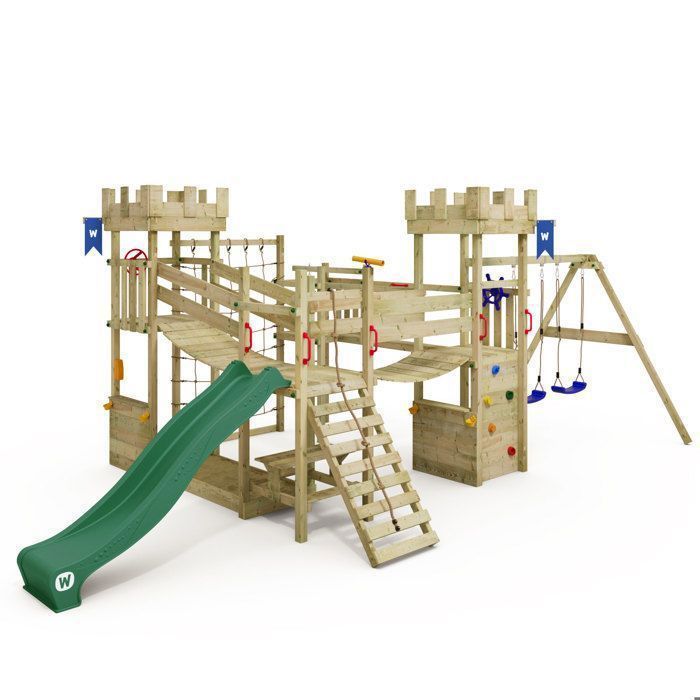 Zona de juegos infantil WICKEY Smart Arch Castle con tobogán verde de 220 cm, columpios y puentes colgantes – 10 años de garantía*