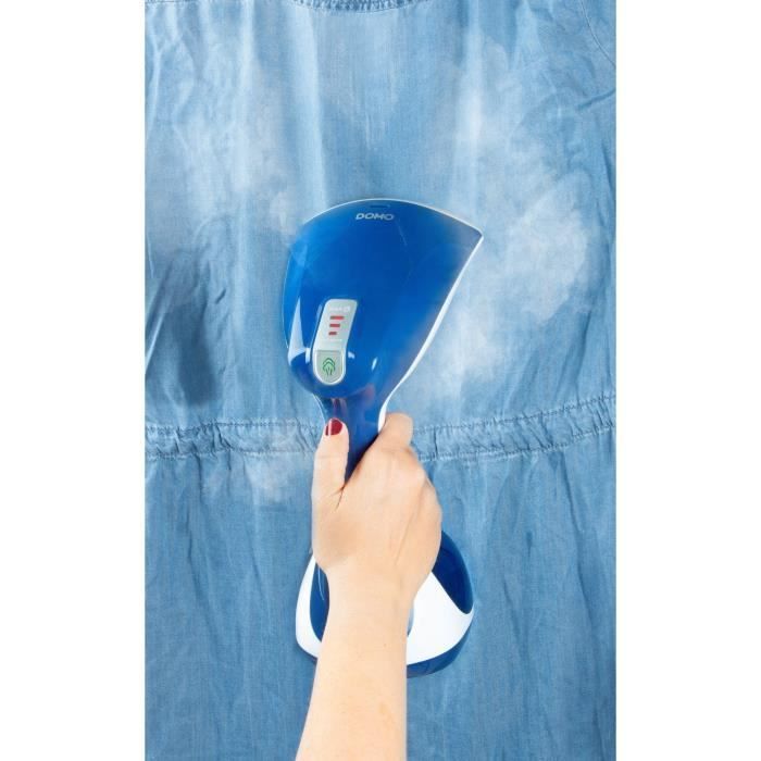 Vaporizador de ropa DOMO DO7057S con 3 ajustes: vapor continuo de 40 g/min, función de inicio rápido de 25 segundos y depósito de agua de 220 ml.