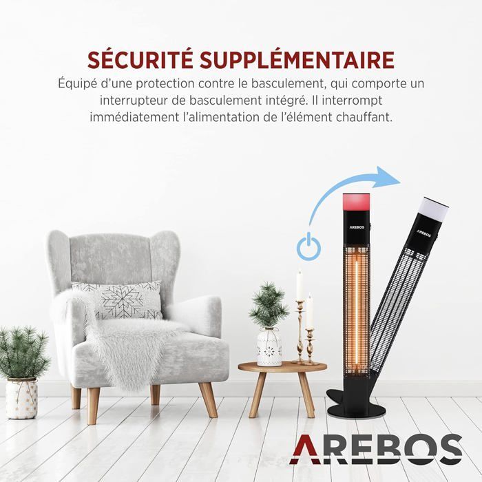 Radiatore a infrarossi AREBOS | Riscaldatore elettrico radiante | 1500W | LED a 16 colori | Per interni ed esterni | Nero