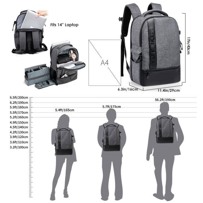 Zaino fotografico K&F Concept per reflex digitali, laptop e accessori per treppiede - Nero per Canon, Nikon, Sony e Olympus - Grigio