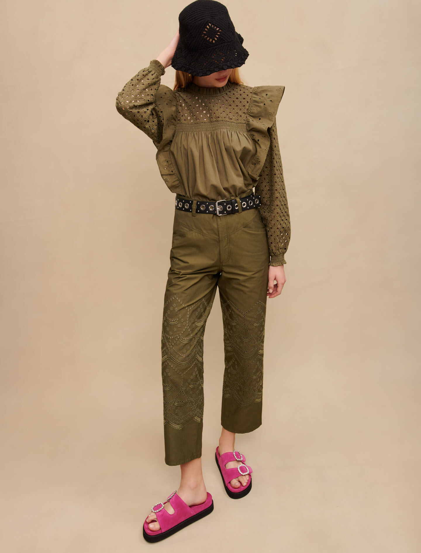 Geborduurde katoenen broek - Khaki