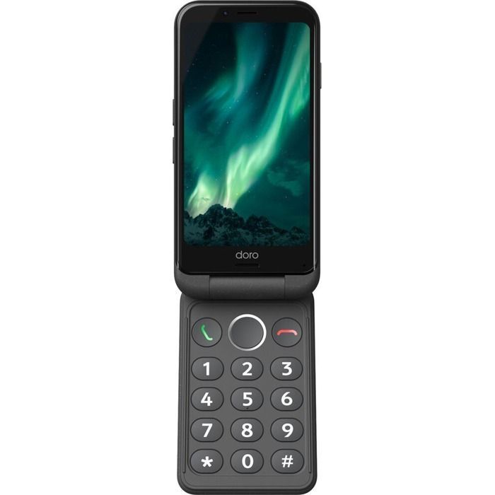 Telefono cellulare ibrido a conchiglia Doro Aurora A20 color grafite con tastiera, ideale per anziani.