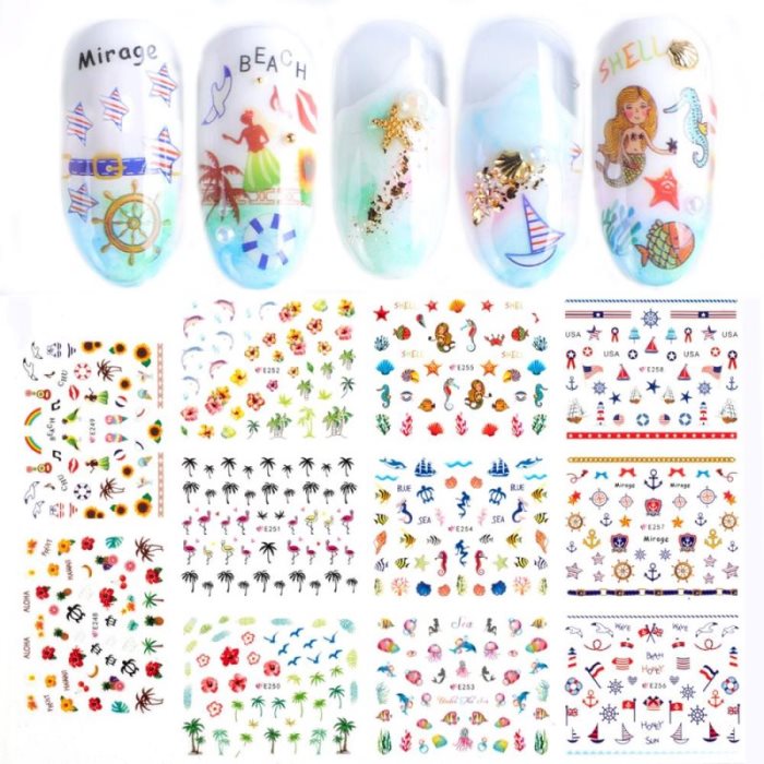11 autocollants 3D pour ongles, style sirène, sur le thème sous-marin ou plage.