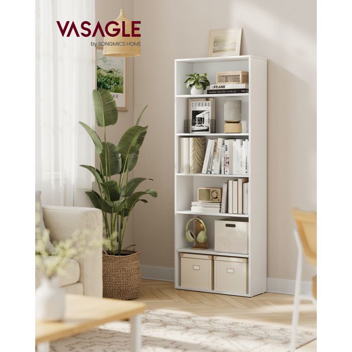 VASAGLE Bibliothèque, Étagère sur 6 Niveaux, Meuble de Rangement Ouvert, Étagère, 24 x 60 x 178,5 cm, Salle à Manger, Blanc Nuage