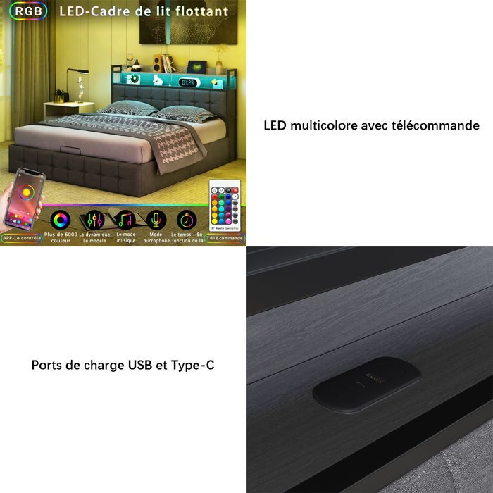 Lit 140x190 cm avec LED, COZY, LED, tissu en lin, cadre de lit double 140x190 cm avec USB et Type C, gris