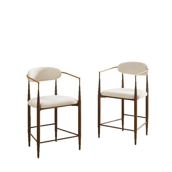 HOMVRA Juego de 2 sillas de comedor con reposabrazos dorados, estructura metálica, tapicería de tela, color beige.