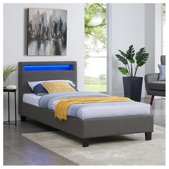 Cama de solteiro LUCENO com LED, 90x190 cm, estrado de ripas, cabeceira confortável e estofamento em material sintético cinza.