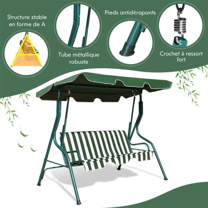 COSTWAY Balancelle de Jardin sur Pied 3 Personnes avec Toit Réglable Imperméabilisant pour Jardin Terrasse Charge Max 210KG-Vert