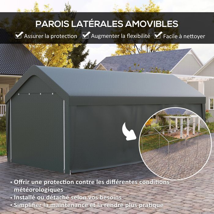 Cochera exterior Outsunny - paneles laterales desmontables, 2 puertas enrollables con cremallera - PE y acero - 3 x 6 m - gris
