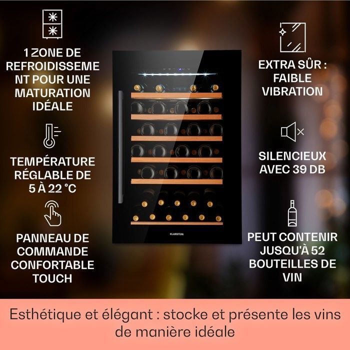 Cave à Vin Encastrable Klarstein Vinsider 52 - Noir - Porte en Verre - 5-22°C - 52 Bouteilles