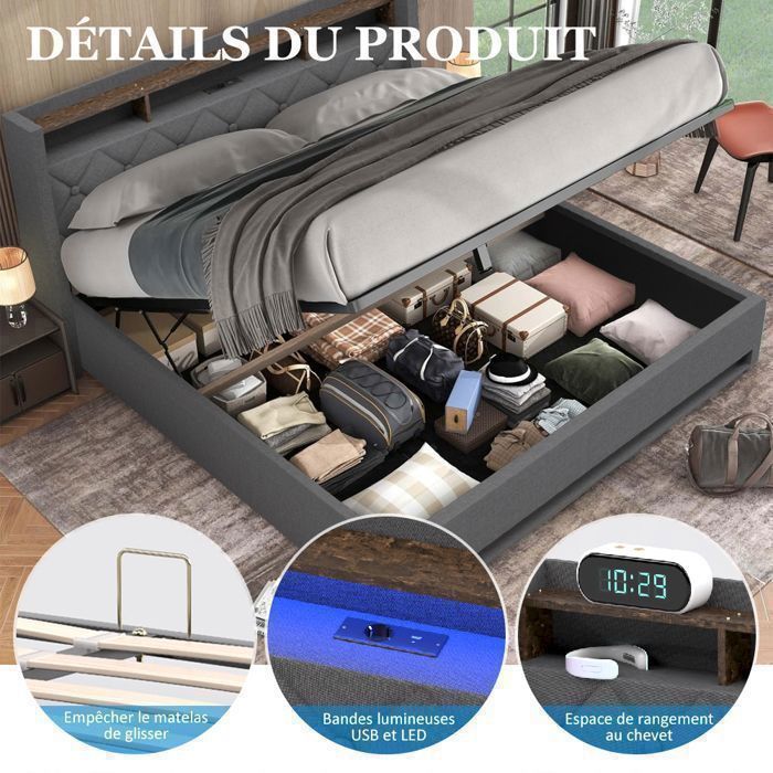 160 x 200 cm Storage Bed with Slatted Base - NHHF - Double Bed with Storage, LED Lighting, and USB Port - 160 x 200 cm Hydraulic Bed with Under-Bed Storage