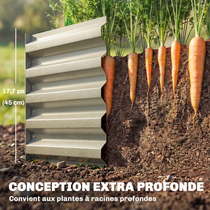 Carré potager - Outsunny - barres de soutien et plaques d'angle - fond ouvert - en acier galvanisé - 240 x 40 x 45 cm - gris argenté