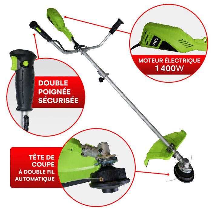 Roçadeira elétrica de 1400 W - 2 em 1 - Aparador - Cabeçote de corte duplo - Cabeçote universal de alumínio - Lâmina de 3 dentes