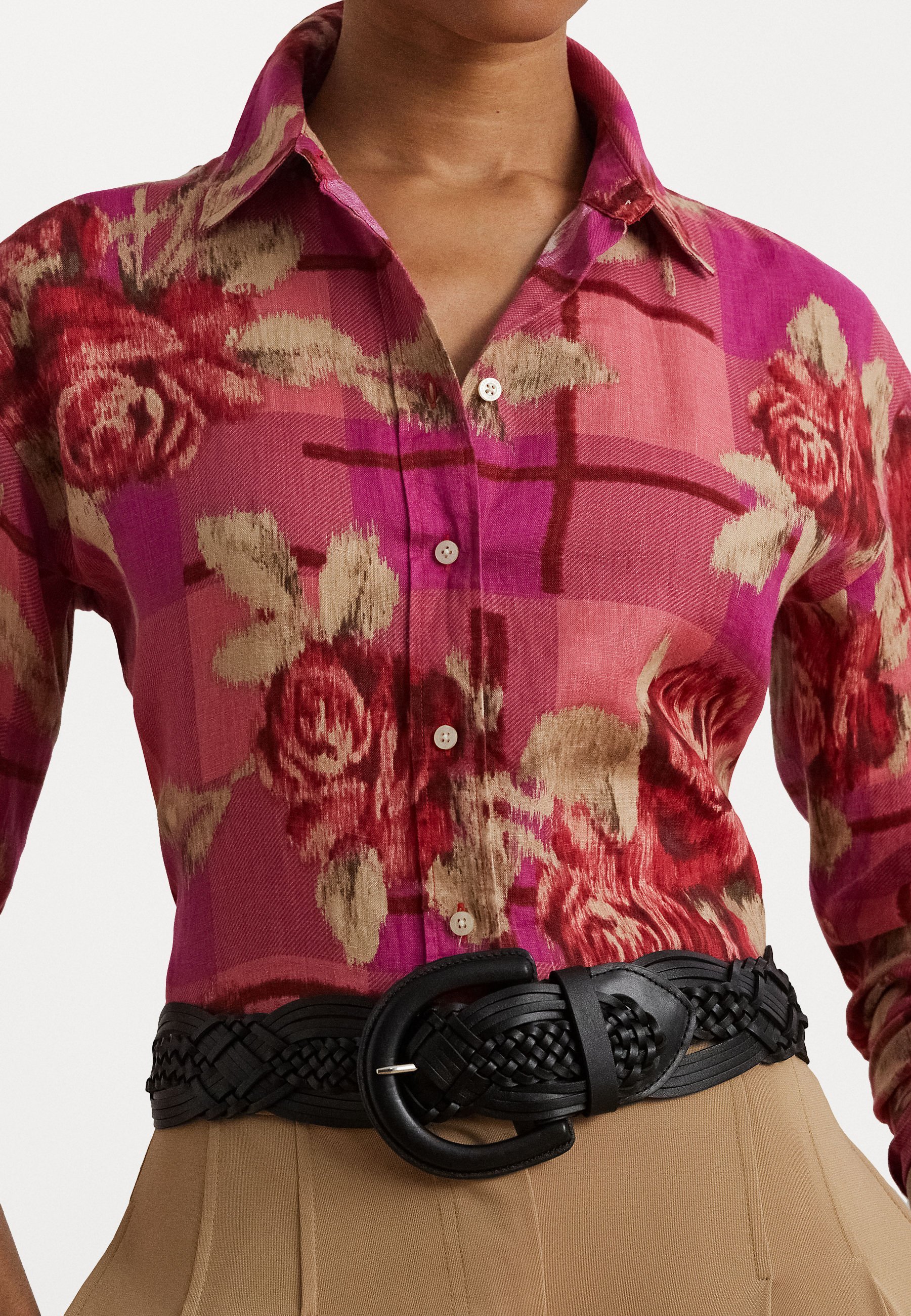 Camicia in lino a fantasia floreale Lauren Ralph Lauren, vestibilità comoda - con bottoni - rosso/rosa