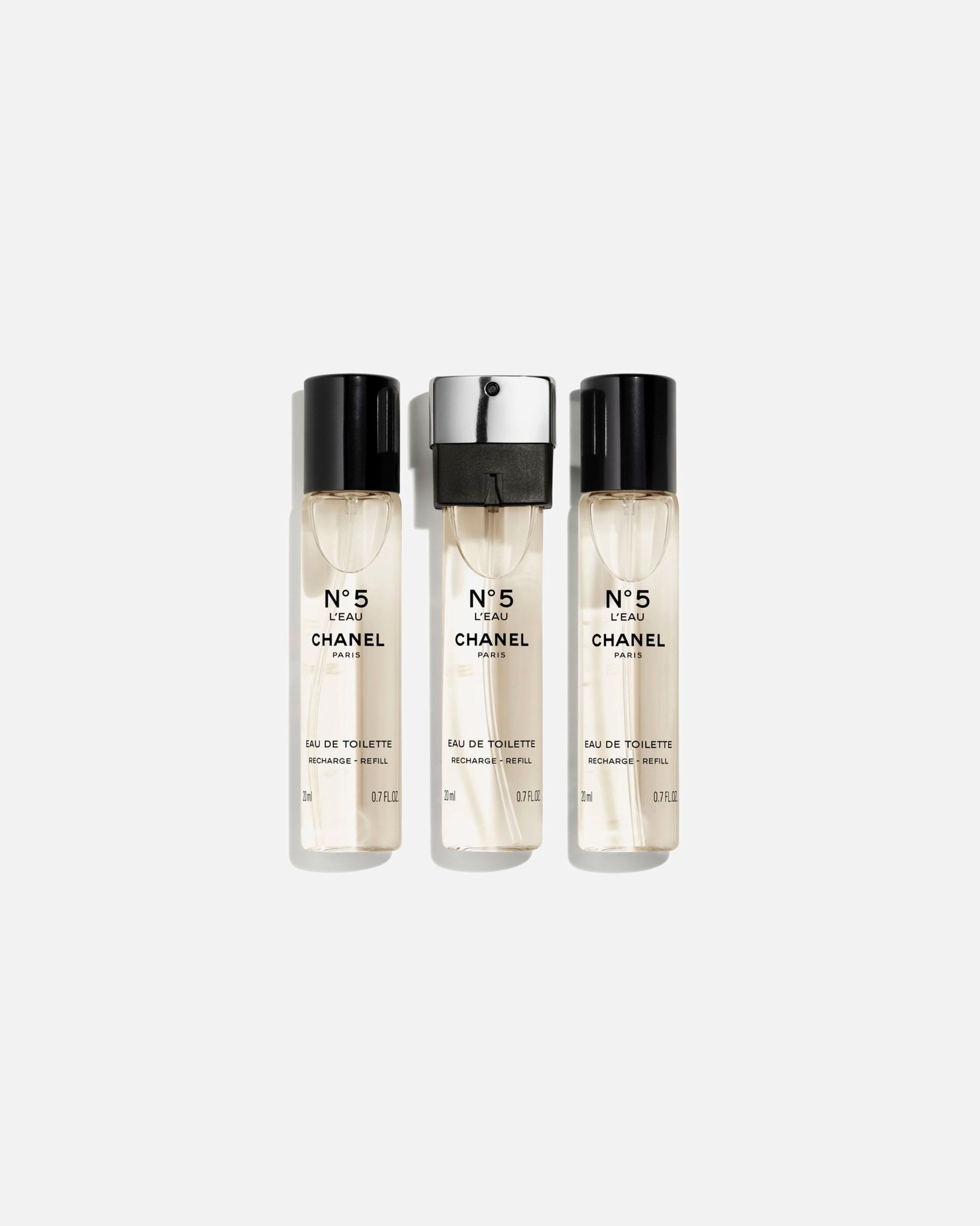 CHANEL Parfum N°5 tualetes ūdens Twist and Spray – 3 uzpildes iepakojumi (katrs 20 ml) bez izsmidzinātāja galviņas – 60 ml