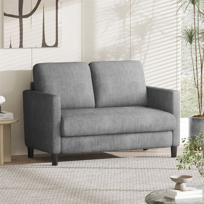 Sofá mini de 2 plazas DRIPEX en pana gris, estilo escandinavo, 129 × 78 × 89 cm, con 2 respaldos para salón, patas de madera.