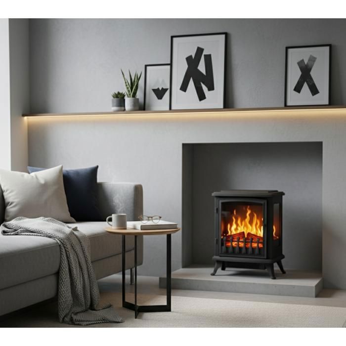 CHEMIN'ARTE - Fire Glass Zwarte elektrische haard met 3D-vlameffect, verwarming, onderhoudsvrij
