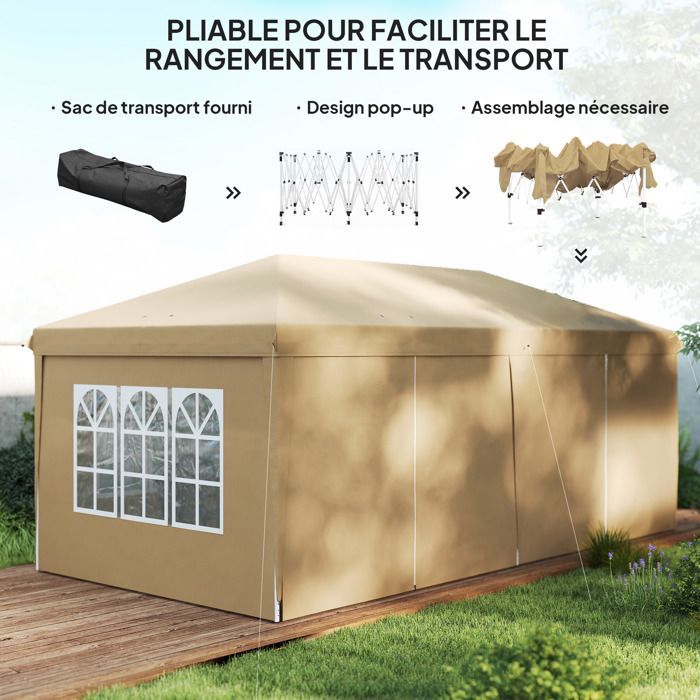 Tonnelle pliante - Outsunny - 4 parois latérales amovibles et 4 fenêtres - sac de transport inclus - 6 x 3 x 2,7 m - kaki