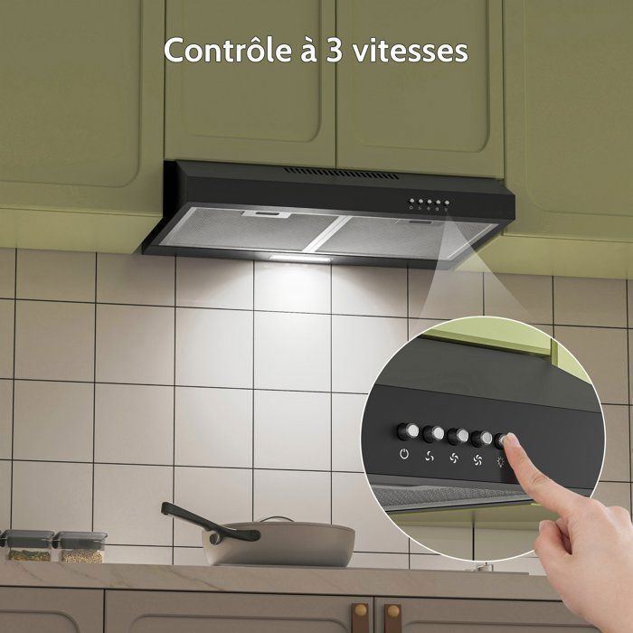 Cappa sottopensile FIREGAS da 60 cm nera – 250 m³/h – Aspirazione o ricircolo – Classe energetica A+