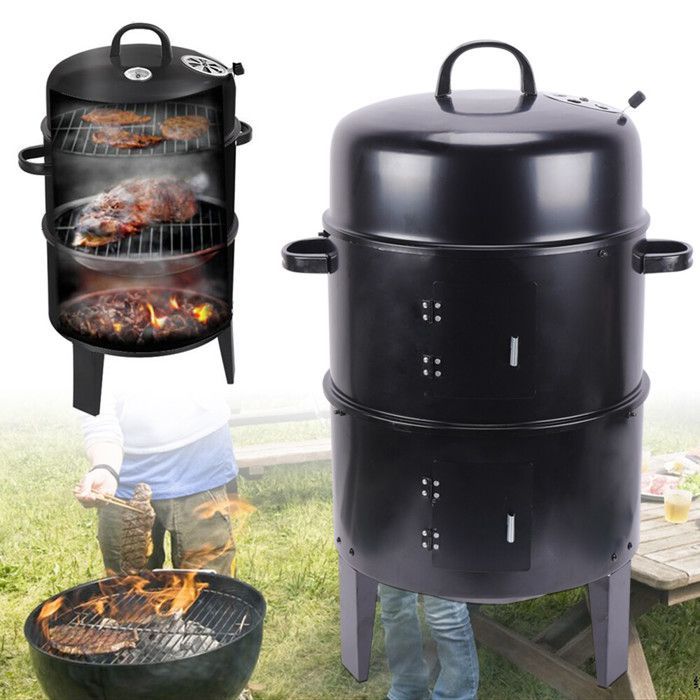Ahumador 3 en 1 - Barbacoa de carbón - Intensidad de viento ajustable con termómetro - Función de calentamiento de doble capa
