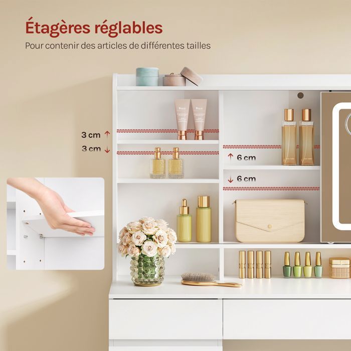 Coiffeuse avec Miroir LED Coulissant et Multiprise - WOLTU Grande Coiffeuse avec 9 Tiroirs - Blanc