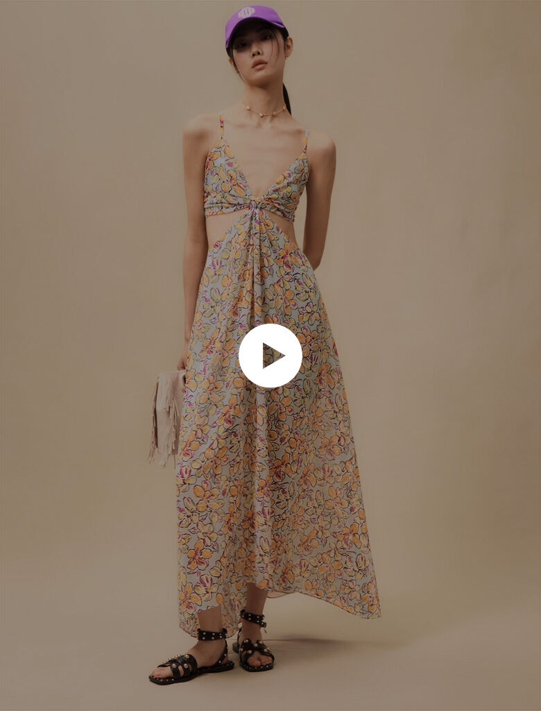 Rochie lungă cu imprimeu floral și crăpături - Hibiscus portocaliu / albastru
