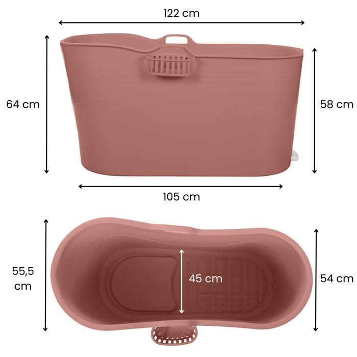 Cada de baie portabilă HelloBath® - Găleată de baie XL (Comfort) - Teracotă - 122 cm - Cadă cu scaun pentru adulți - Baie cu gheață - Furtun 3M