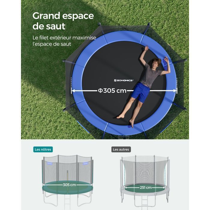 Trampoline Ø 305 cm avec filet, échelle, coussin de protection, Charge max 150 kg