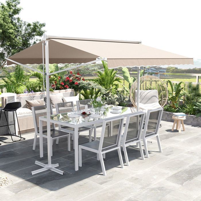 Dubbel hellend zonnescherm 3 x 3 m, handmatig intrekbaar, verstelbaar, kantelbaar, wit, epoxy, staal, waterdicht, polyester, UV-bestendig, beige