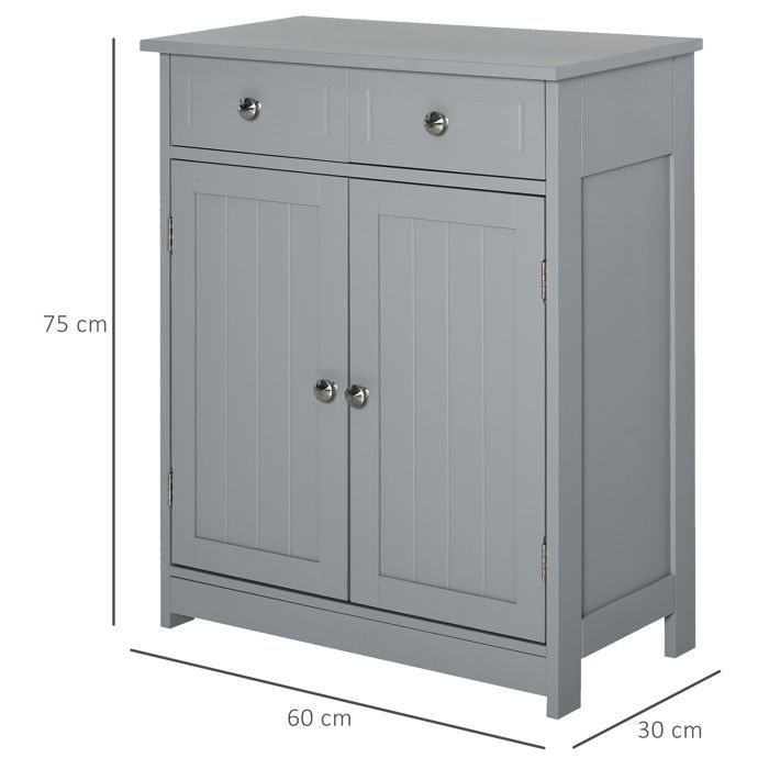 Meuble de salle de bain - meuble de rangement - kleankin - 2 tiroirs placard double porte réglable - bois - 60x30x75cm - gris