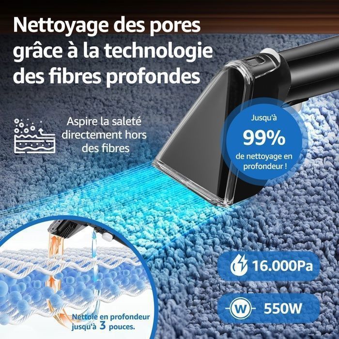 Shampouineuse Nettoyeur Canapé Tissu 6 en 1 550W - Aspirateur Nettoyeur à eau 16KPa - Réservoir 1,3L/1,9L - Tuyau 2m / Cordon 5m