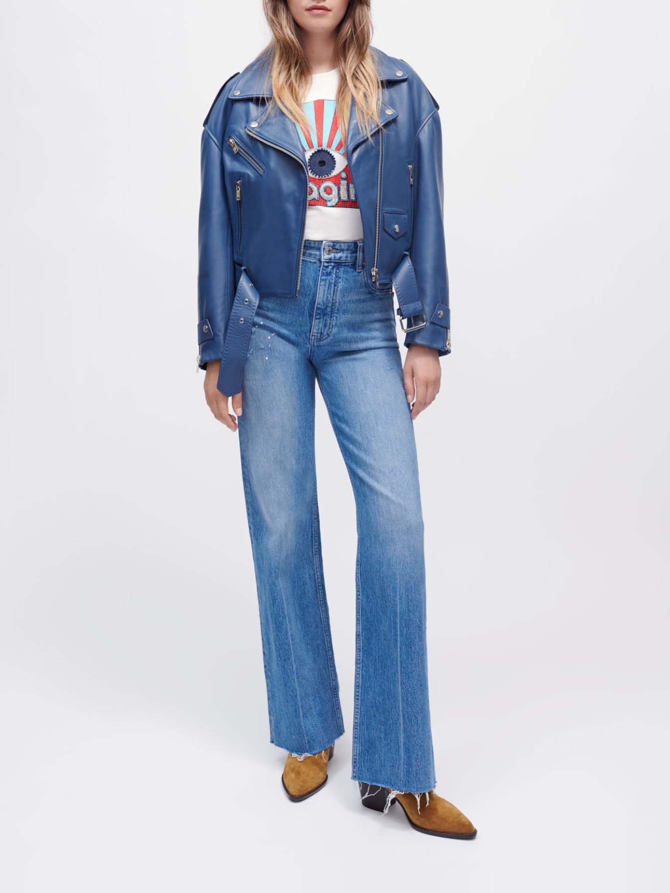 Leren bikerjack met wijde pijpen - Blauw