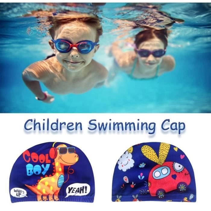 Children's Swimming Cap, 2-Piece Set, Kids Swimming Caps, Cartoon Print Pool Hats, for Short Hair