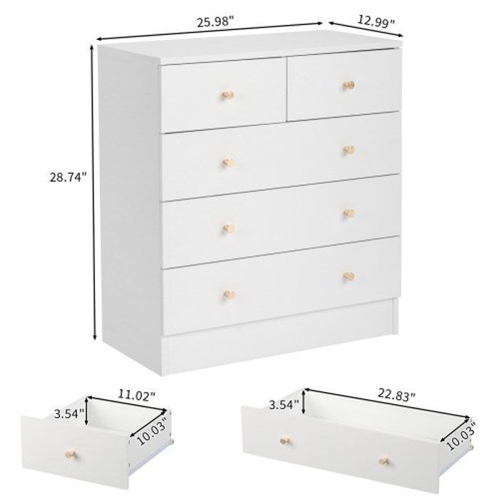 Cómoda de 5 cajones - Aparador de estilo escandinavo - Blanco - 66 x 33 x 73 cm