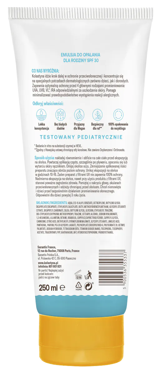 Kolastyna Sun Family SPF30 - Emulsja do opalania Rodzinna SPF 30 250 ml