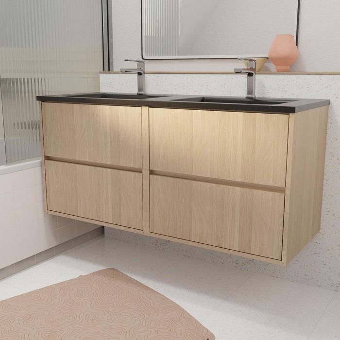 Mueble de baño de 120 cm con 4 cajones en roble claro + lavabo doble de cerámica negra - XENOS
