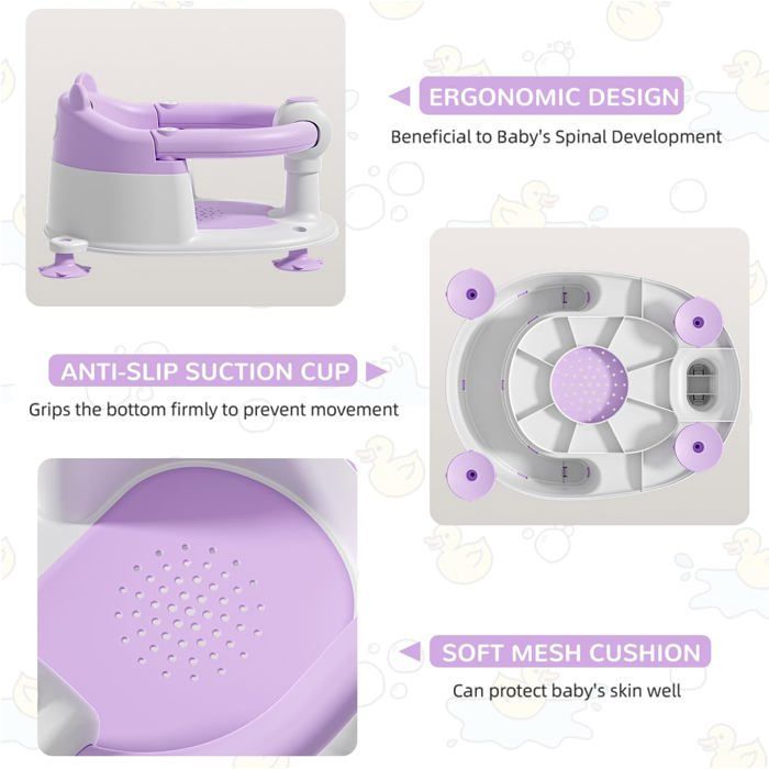 Asiento de baño para bebés de 6 meses en adelante, antideslizante, con 4 ventosas y cojín, color gris.