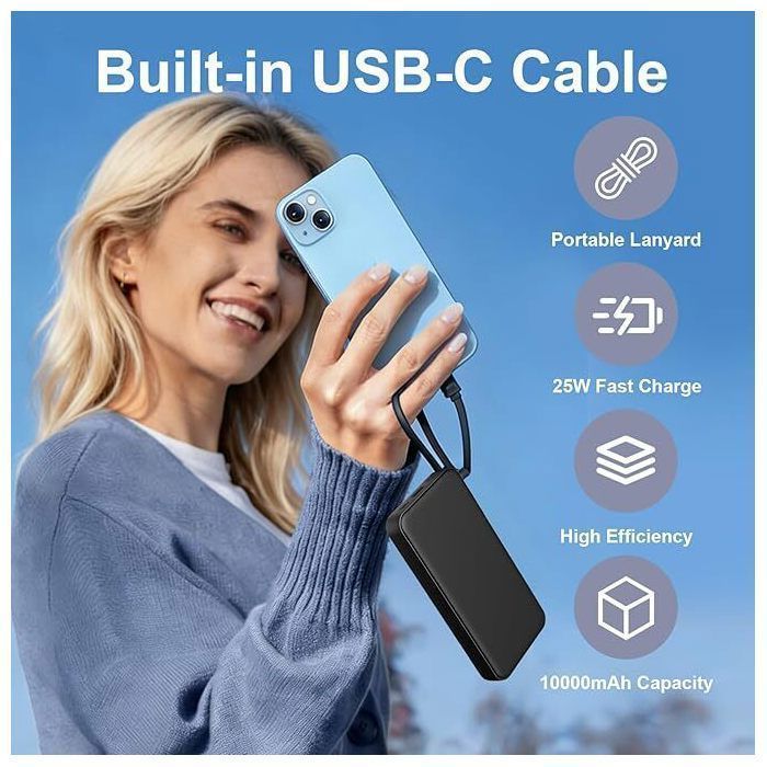 JUOVI 10000mAh 25W externt batteri, powerbank med integrerad USB-C-kabel, tvåvägs snabbladdning, LED-display, grön