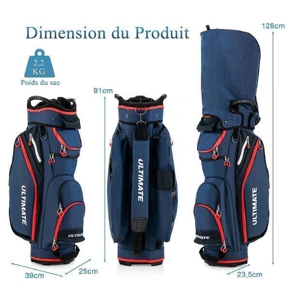 Bolsa para carrito de golf GYMAX con 14 compartimentos y 8 bolsillos, bolsa de golf con funda para la lluvia y correa para el hombro, azul y rojo.