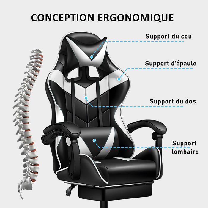 Silla gaming ergonómica con función de masaje, soporte lumbar, reposacabezas y reposapiés, altura regulable e inclinación de 90° a 135°.